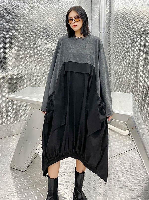 Loose Split-Joint Round-Neck Long Dress-STYLEGOING