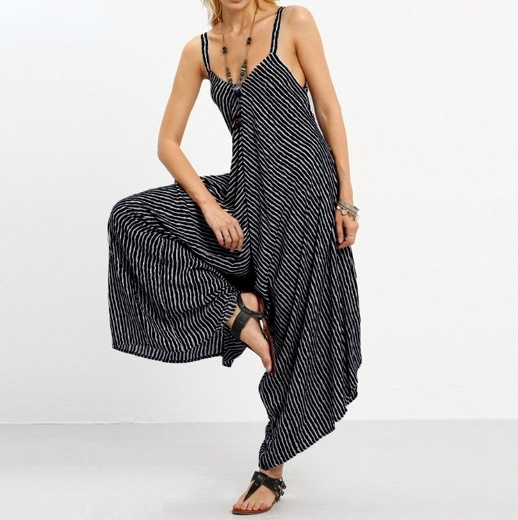 Women Black&white Striped Loose Jumpsuits-STYLEGOING