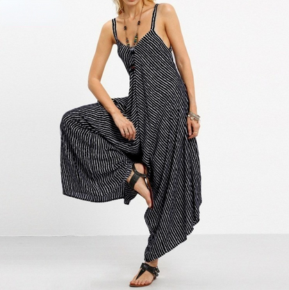 Women Black&white Striped Loose Jumpsuits-STYLEGOING