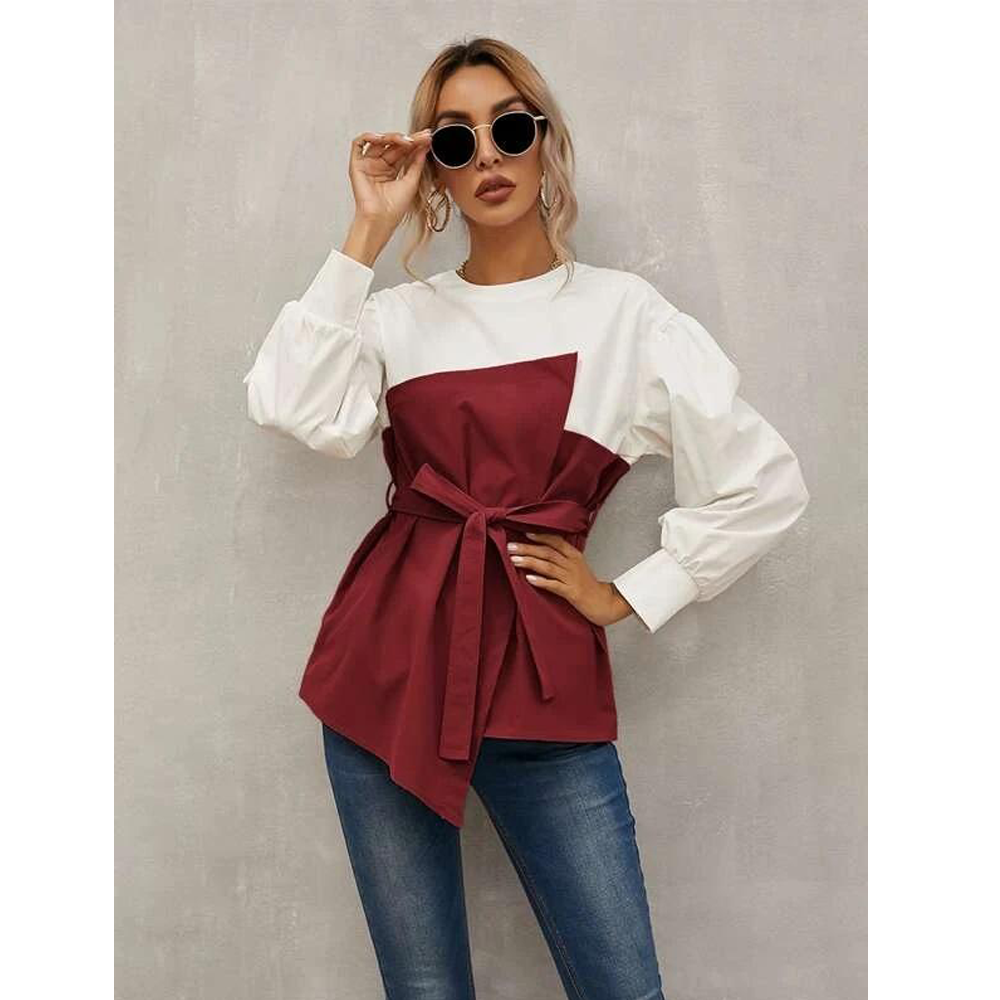 Long Puff Sleeves Belt Loose Shirts-STYLEGOING