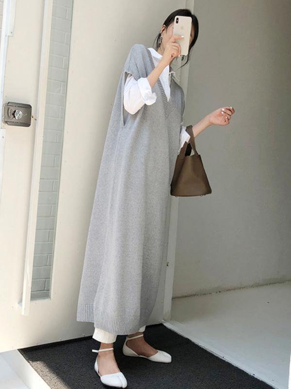 Knitting Loose V-Neck Sleeveless Long Dress-STYLEGOING