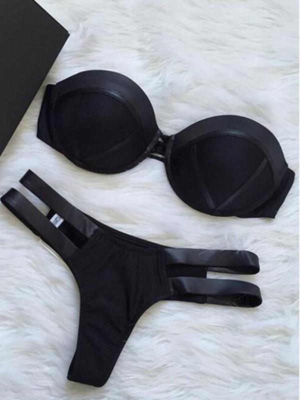 Plain Lace-Up Balconette Bikini Swimsuit-STYLEGOING