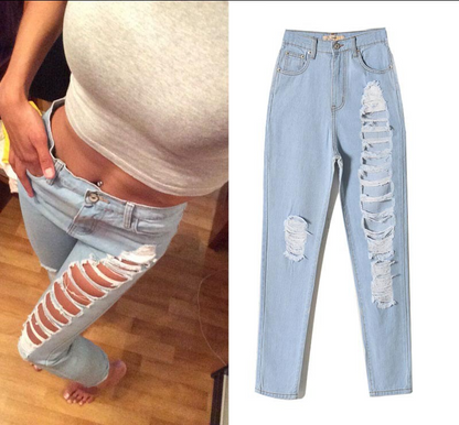 Women Broken Hole Ankle Length Jean Pants-STYLEGOING