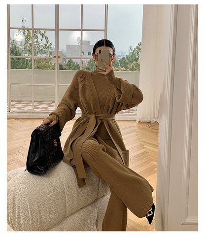 Fashion Women Knitting Cardigan Basic Top and Pants Sets