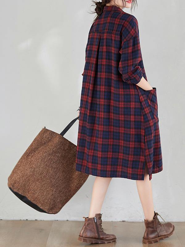 Original Plaid Lapel Shirt Dress-STYLEGOING
