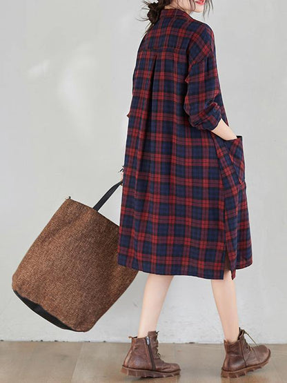 Original Plaid Lapel Shirt Dress-STYLEGOING