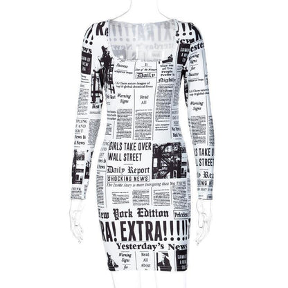 SexyPrinted Newspaper Mini Dress-STYLEGOING