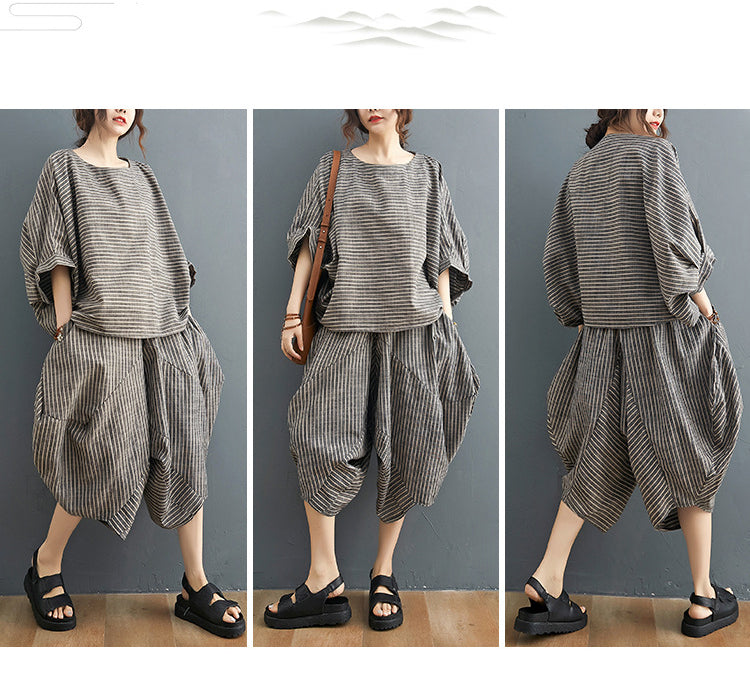 Linen Striped Plus Sizes 2pcs Women Summer Outfits