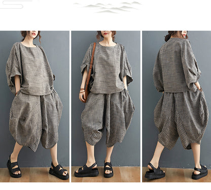 Linen Striped Plus Sizes 2pcs Women Summer Outfits