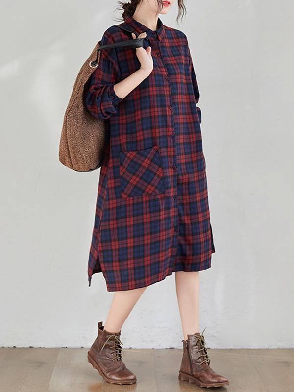 Original Plaid Lapel Shirt Dress-STYLEGOING