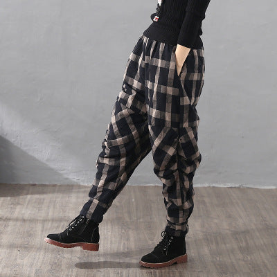 Vintage Plaid Cotton-padded Trousers for Women