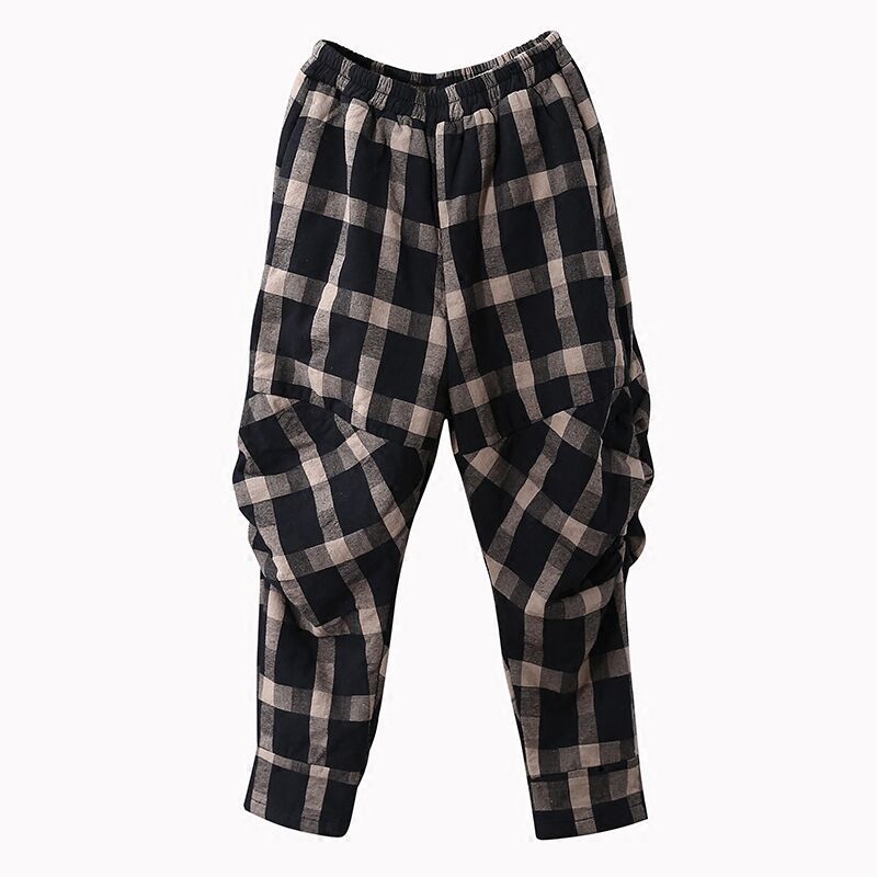 Vintage Plaid Cotton-padded Trousers for Women