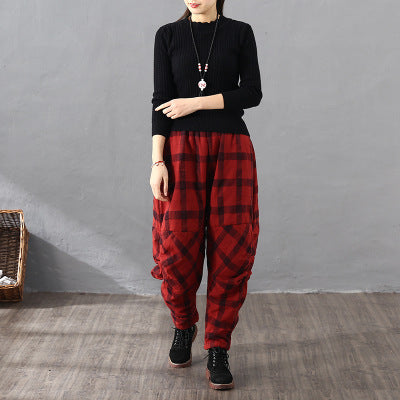 Vintage Plaid Cotton-padded Trousers for Women