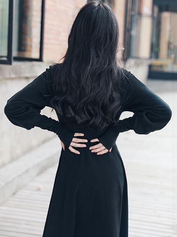 Vintage Solid Long Sleeve Dress-STYLEGOING
