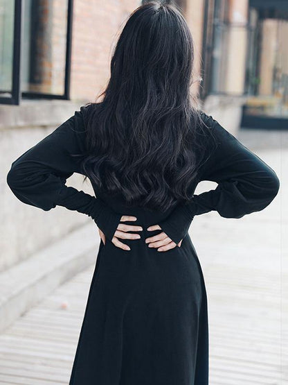 Vintage Solid Long Sleeve Dress-STYLEGOING