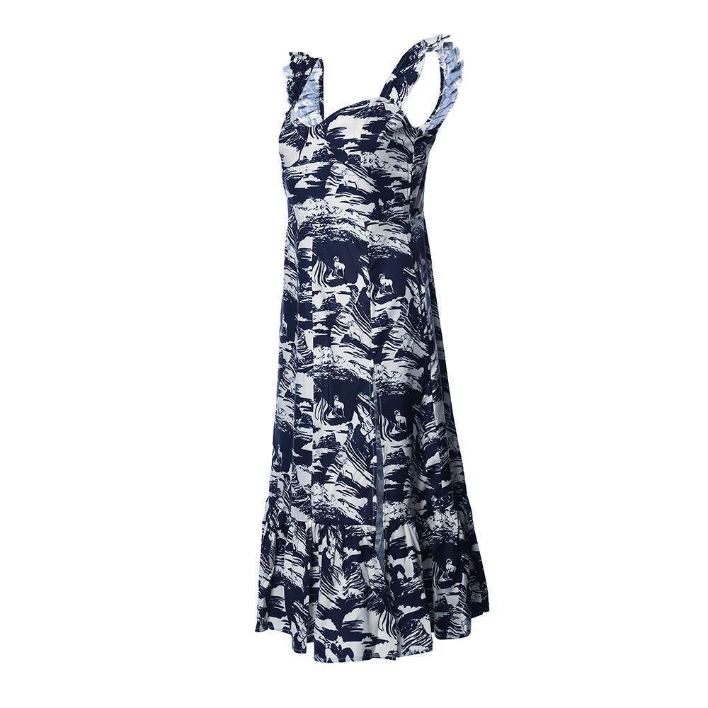 Summer Suspender Printed Knee Length Dress-STYLEGOING