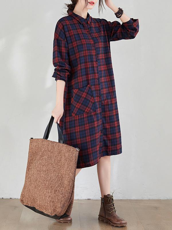 Original Plaid Lapel Shirt Dress-STYLEGOING