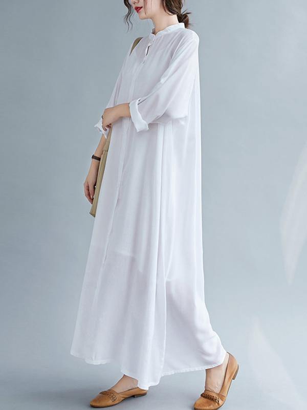 lSolid Round-Neck Shirts Long Dress-STYLEGOING