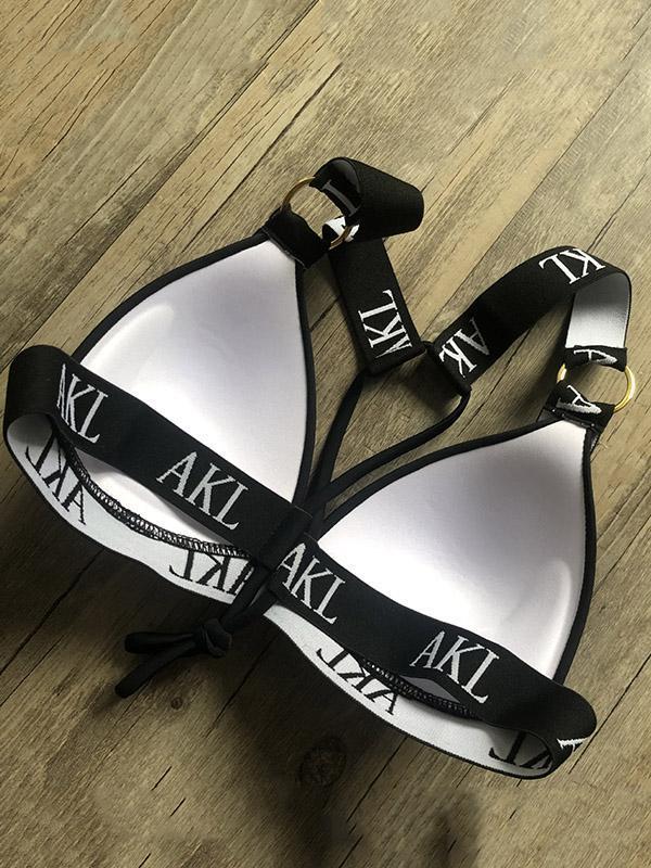 Letter Print Gathered Bikini Swimsuit-STYLEGOING