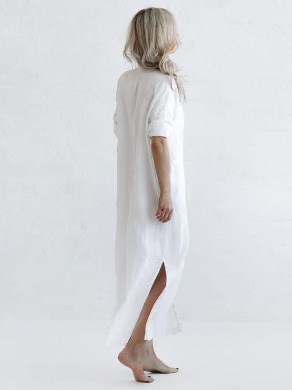 Simple Split-Side Lapel Long Shirt Dress-STYLEGOING
