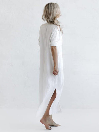 Simple Split-Side Lapel Long Shirt Dress-STYLEGOING