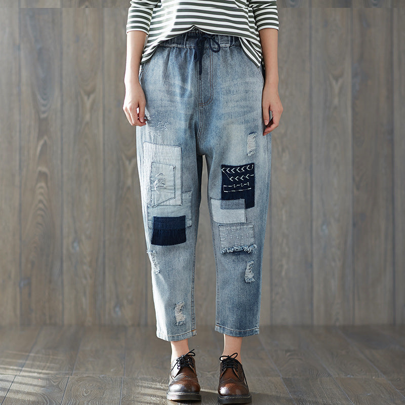 Casual Elastic Waist Cropped Jeans for Women