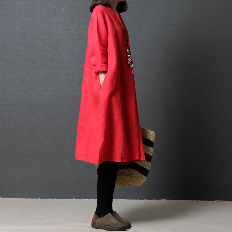 Vintage Linen Women V Neck Long Shirt Dresses