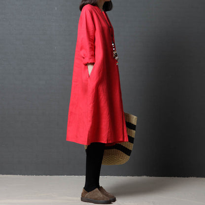 Vintage Linen Women V Neck Long Shirt Dresses