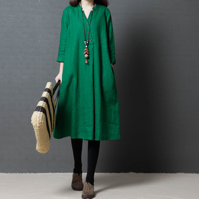 Vintage Linen Women V Neck Long Shirt Dresses