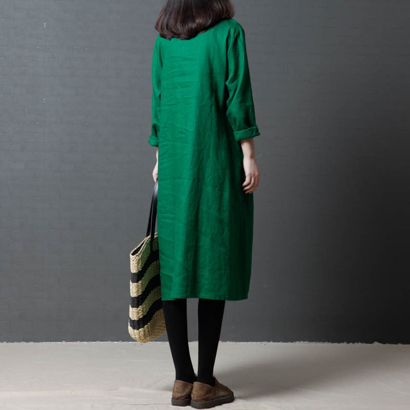 Vintage Linen Women V Neck Long Shirt Dresses