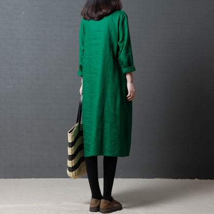 Vintage Linen Women V Neck Long Shirt Dresses