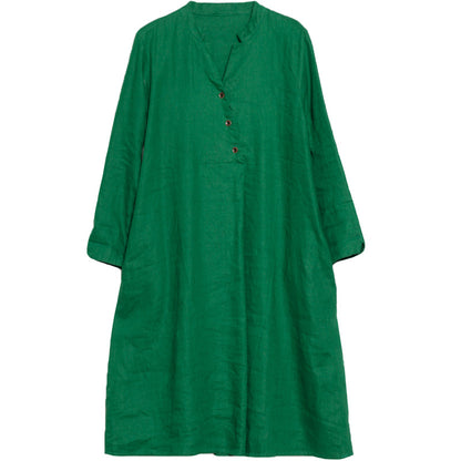 Vintage Linen Women V Neck Long Shirt Dresses