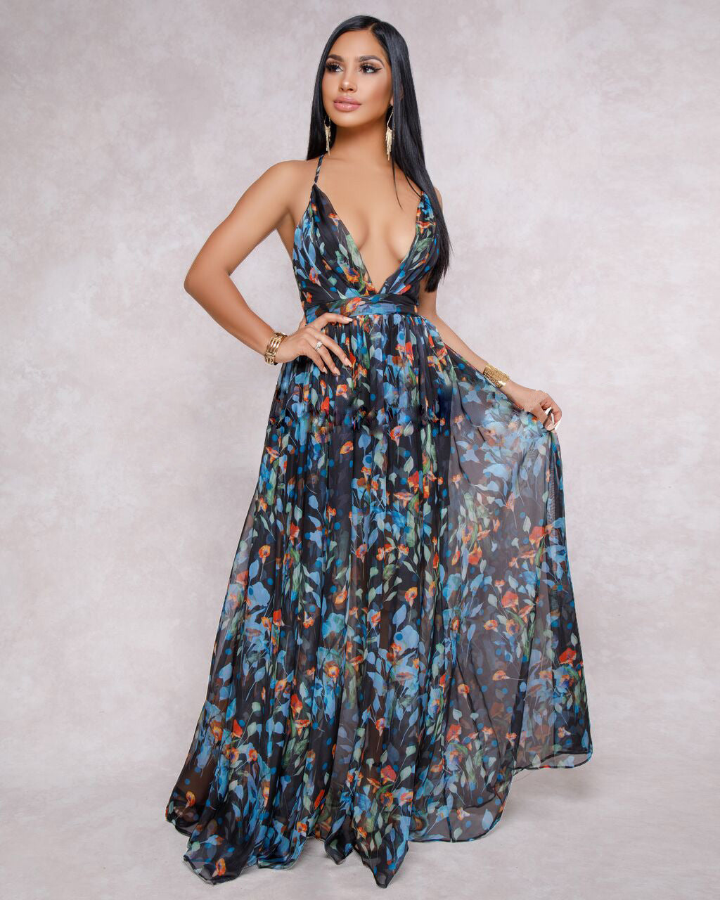 Summer Chiffon Deep V Neck Long Dresses