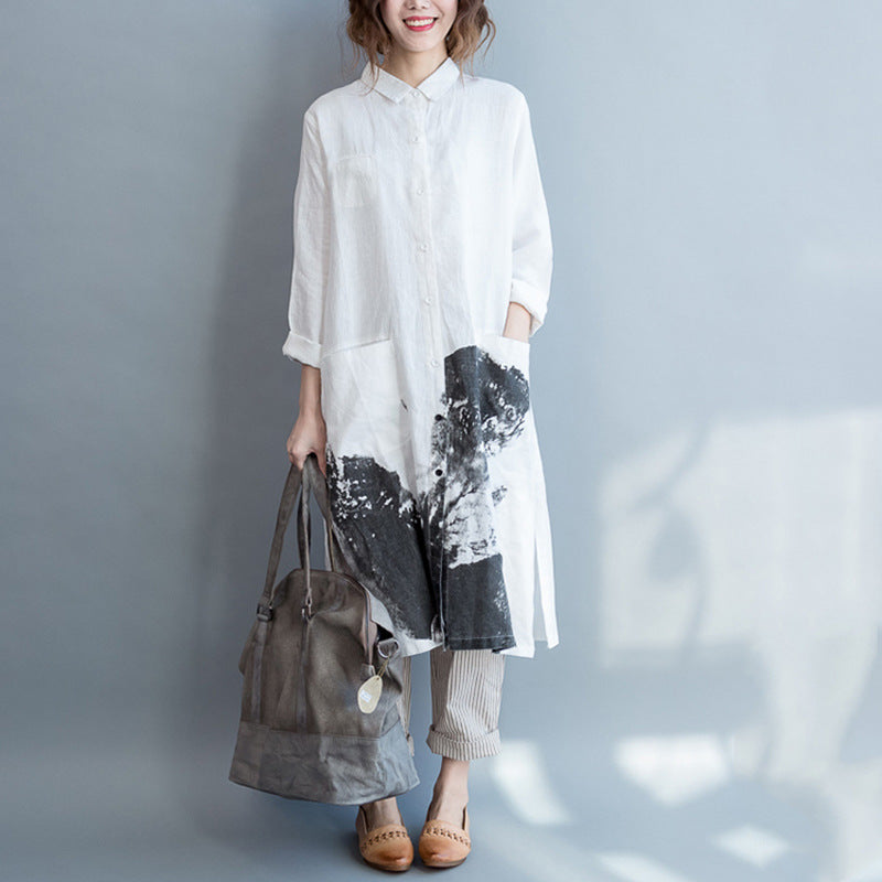 Casual Painting Print Linen Long Sleeves Shirts
