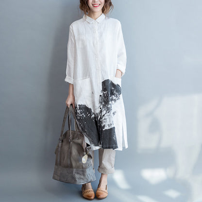 Casual Painting Print Linen Long Sleeves Shirts