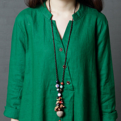 Vintage Linen Women V Neck Long Shirt Dresses