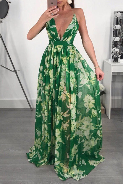 Summer Chiffon Deep V Neck Long Dresses