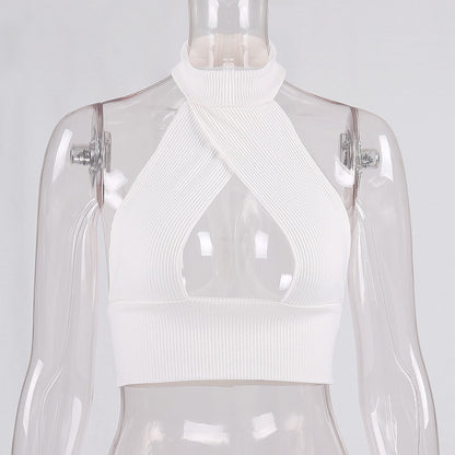 Sexy High Neck Backless Midriff Baring Knitting Tops
