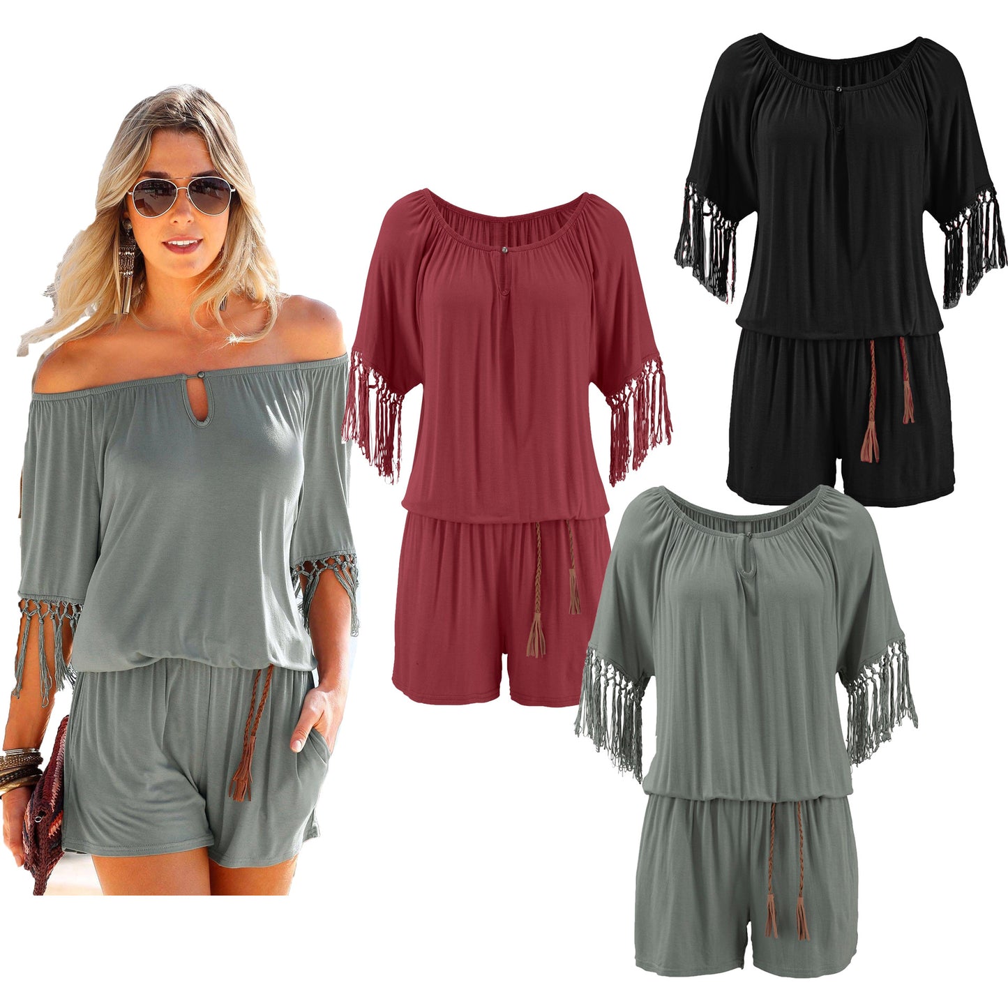 Summer Casual Short Jumpsuit & Rompers with Tassels