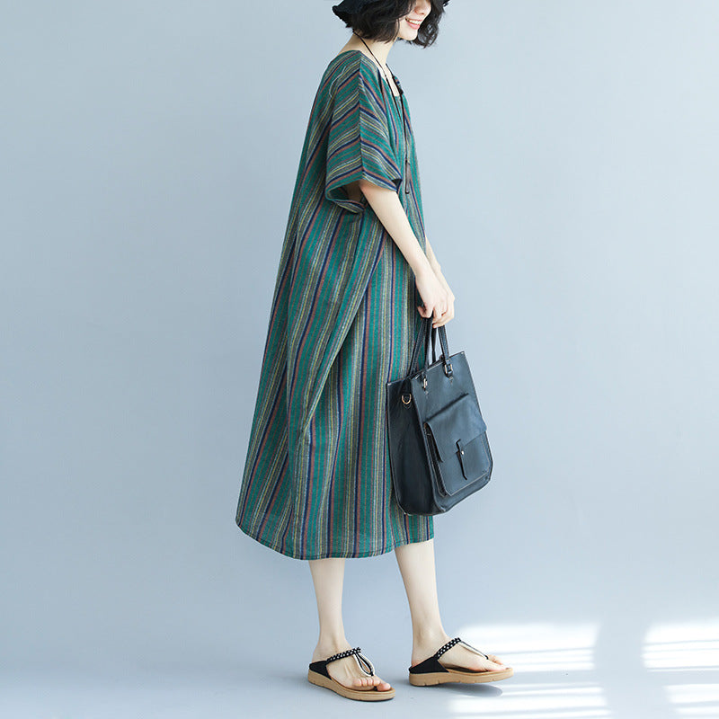 Vintage Green Linen Striped Asymmetrical Short Dresses