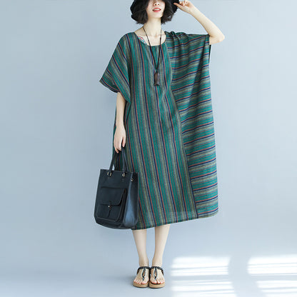 Vintage Green Linen Striped Asymmetrical Short Dresses