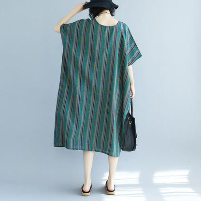 Vintage Green Linen Striped Asymmetrical Short Dresses