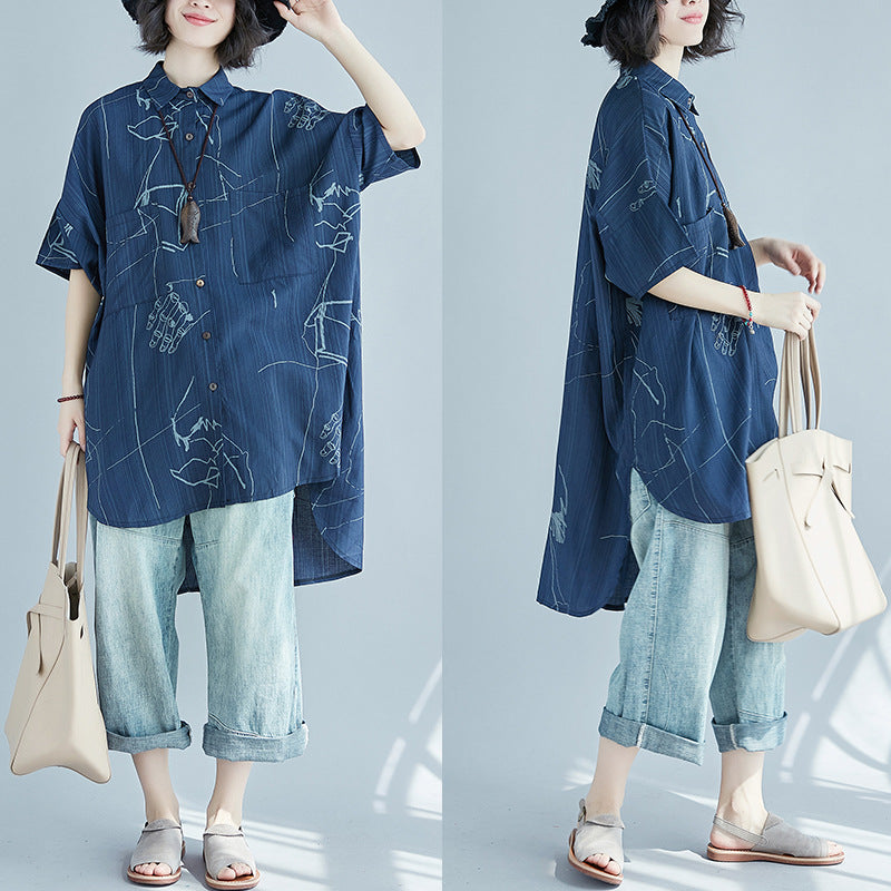 Casual Blue Plus Sizes Short Sleeves Shirts for Women