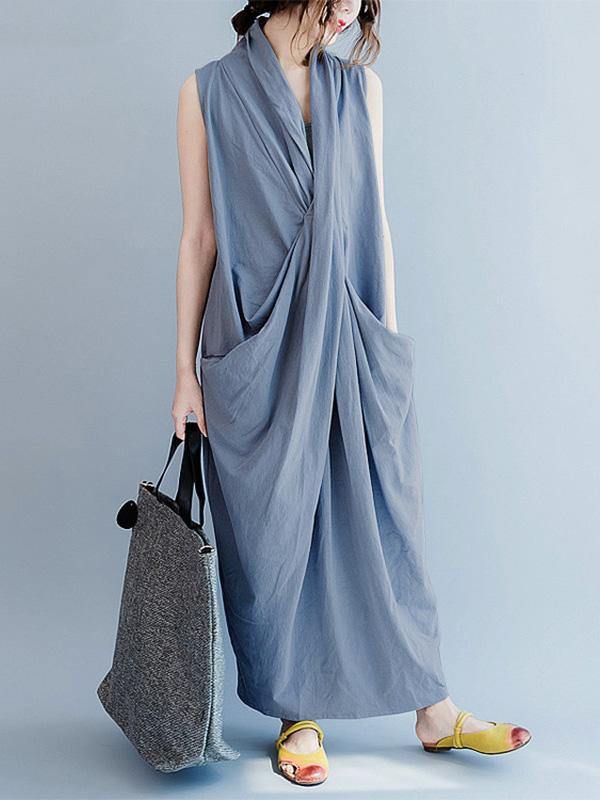 Loose Gray-blue Cropped Pockets Long Dress-STYLEGOING