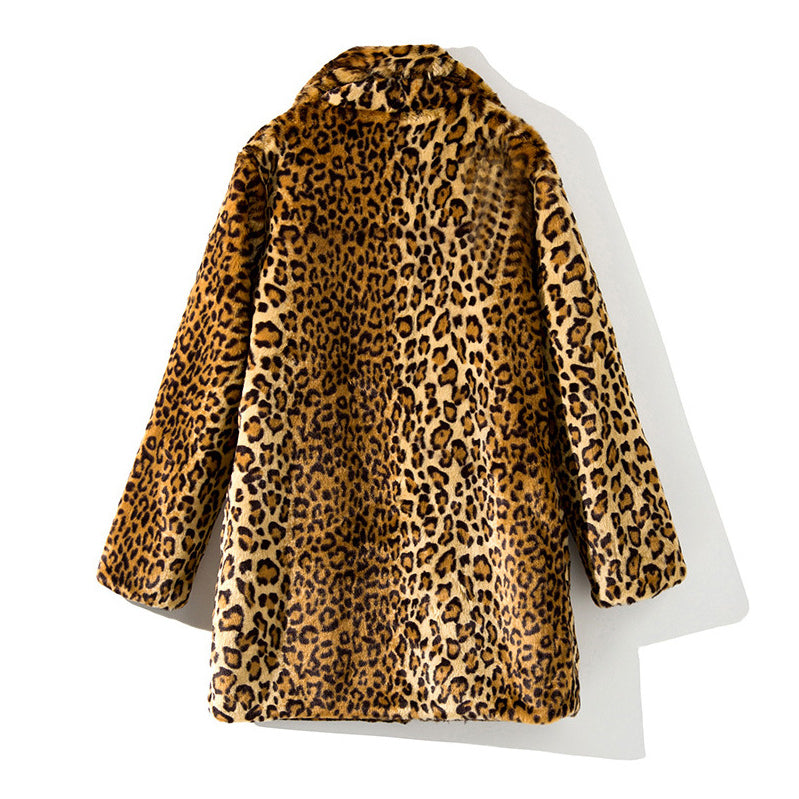 Women Leopard Design Winter Artifical Fur Overcoat