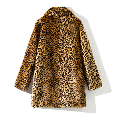 Women Leopard Design Winter Artifical Fur Overcoat