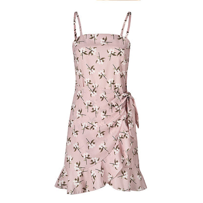 Women Leaf Print Chiffon Summer Irregular Beach Short Dresses