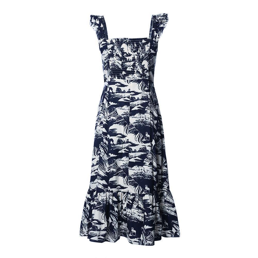 Summer Suspender Printed Knee Length Dress-STYLEGOING