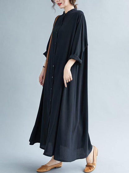 lSolid Round-Neck Shirts Long Dress-STYLEGOING