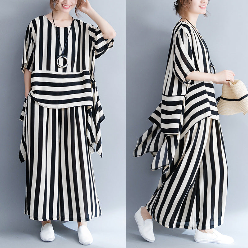 Casual Women Striped Irregular Tops & Pants Summer Outsuits